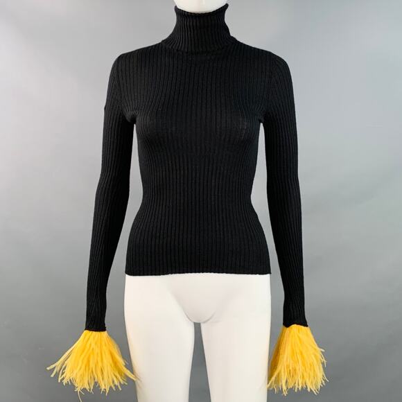 High Kick Black Yellow Cashmere Silk Knit Turtleneck Ostrich Feathers Dress Top - Picture 1 of 10